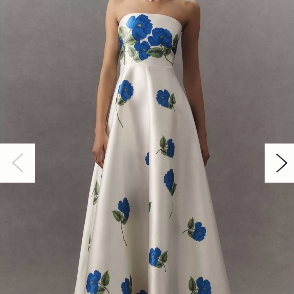 Strapless White Dress with Blue Floral Print